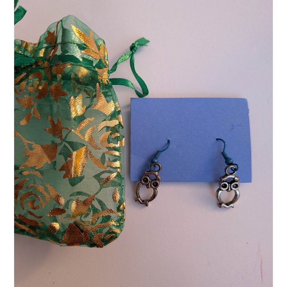 Silver Owl Drop Earrings Teal French Hook Boho Woodland Jewelry with Gift Bag